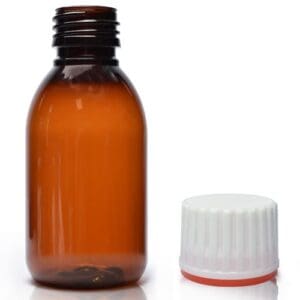 125ml amber plastic Sirop bottle W red