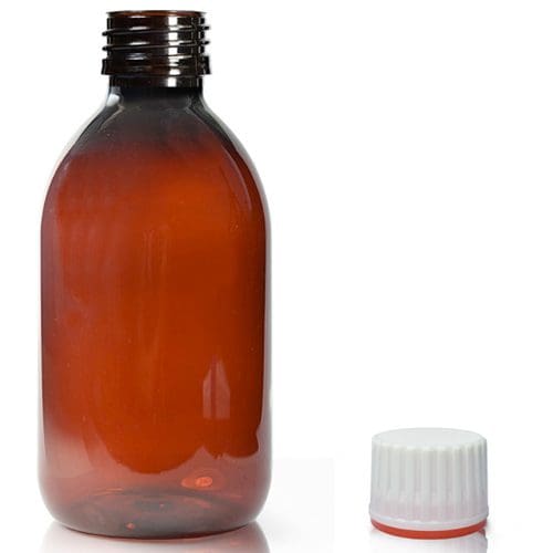 250ml amber plastic Sirop bottle w red