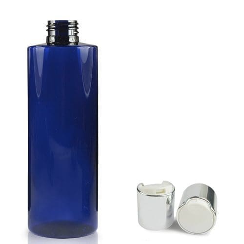 250ml Cobalt Blue PET Plastic Bottle & Silver Disc Top Cap