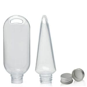 50ml Clear PVC Tottle Bottle, Clip & 20mm Aluminium Cap