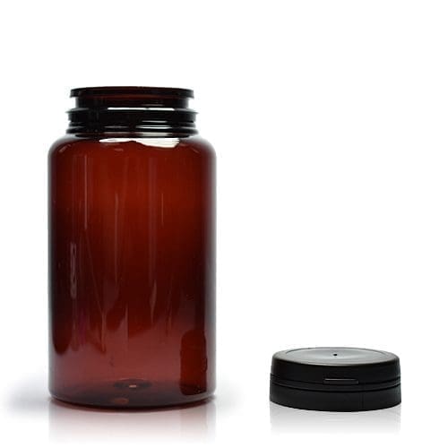 150ml Amber Plastic Pill Jar With Cap - Ampulla Ltd - 0161 367 1414