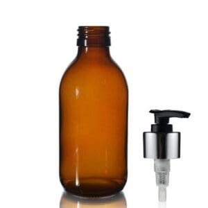 200ml Amber Glass Sirop Bottle w Black and Silver Lotion Pump