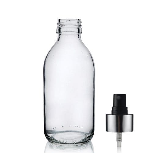 200ml Clear Glass Sirop Bottle w Black and Silver Atomiser