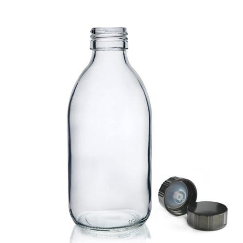 250ml Clear Glass Sirop Bottle w Black Urea Polycone Cap