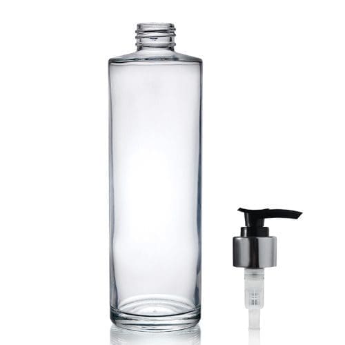 250ml Glass Simplicity Bottle w Black and Silver Lotion Pump