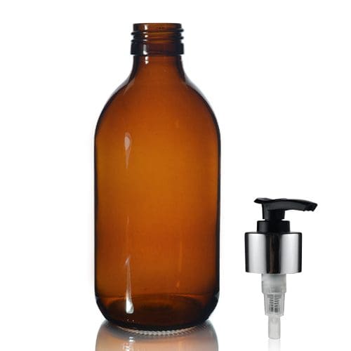 300ml Amber Glass Sirop Bottle w Black and Silver Lotion Pump