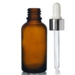 30ml Amber Glass Dropper Bottle w White and Silver Pipette