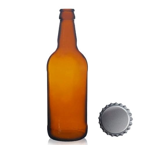 500ml Short Amber Glass Beer Bottle with silver Cap