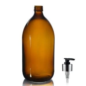 1000ml Amber Glass Sirop Bottle w Black and Silver Lotion Pump