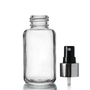 50ml Clear Glass Atlas Bottle with Black and Silver Atomiser Spray