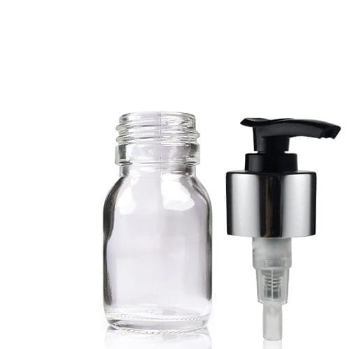 30ml Clear Glass Sirop Bottle w Black and Silver Lotion Pump