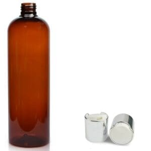 500ml ‘Boston’ Amber Plastic Bottle & 24mm Silver Disc-Top Cap