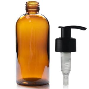 300ml Amber Glass Boston Bottle & 28mm Standard Lotion Pump