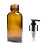 100ml Amber Glass Boston Bottle w Black and Silver Lotion Pump