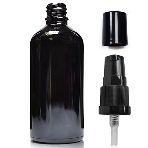 100ml black dropper bottle with black over cap pump