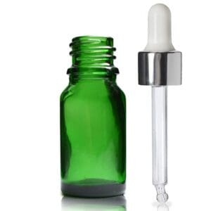 10ml Green Glass Dropper Bottle & White/Sil Pipette With Wiper