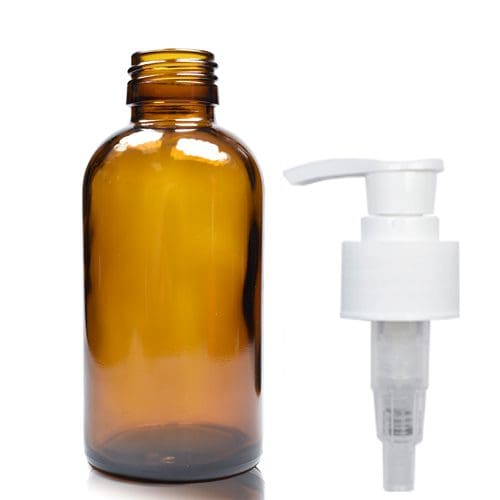 150ml Amber Glass Boston Bottle w white GCAP Pump