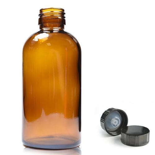 200ml Amber Glass Boston Bottle w Black Urea Cap