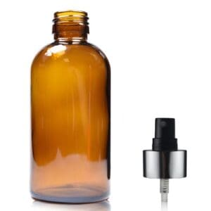 200ml Amber Glass Boston Bottle w Black and Silver Atomiser