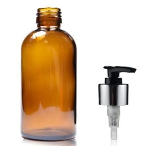 200ml Amber Glass Boston Bottle w Black and Silver Lotion Pump