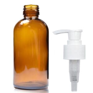 200ml Amber Glass Boston Bottle w white GCAP Pump