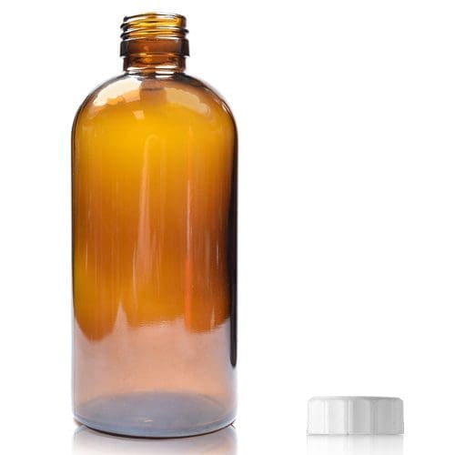 250ml Amber Glass Boston Bottle w White PP Cap