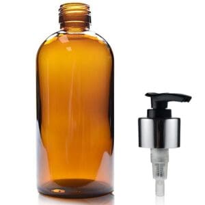 300ml Amber Glass Boston Bottle w Black and Silver Lotion Pump