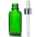 30ml Green Glass Dropper Bottle & White/Sil Pipette With Wiper