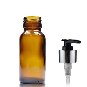 50ml Amber Glass Boston Bottle w Black and Silver Lotion Pump