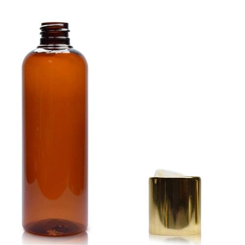 150ml Amber Plastic Bottle With Gold Disc Top Cap