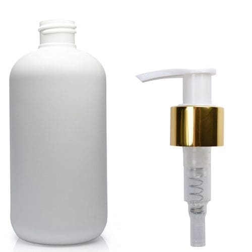 250ml White Plastic Bottle With Glossy Gold Lotion Pump