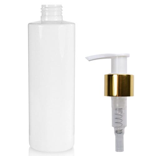 250ml White Plastic Bottle With white Gold Lotion Pump