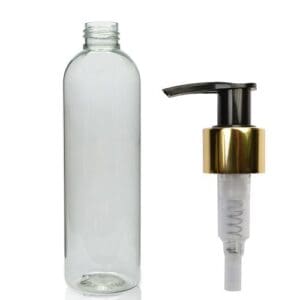 250ml rPET Boston Bottle With Gold Glossy Pump