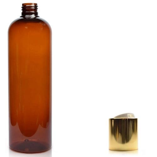 500ml Amber Plastic Bottle With Gold Disc-Top Cap