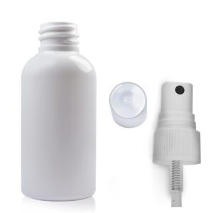 50ml White PET Boston Bottle & White Atomiser Spray