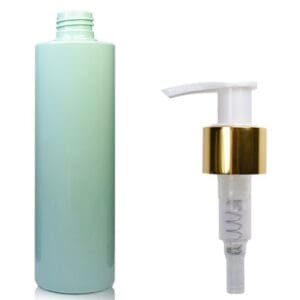 250ml Green Plastic Bottle w white gold pump