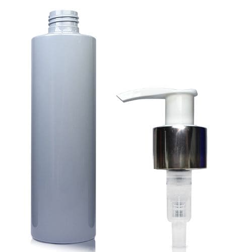 250ml Grey Plastic Bottle with white silver pump