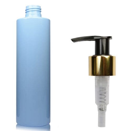 250ml Light Blue Plastic Bottle w black gold pump