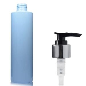 250ml Light Blue Plastic Bottle w black silver pump