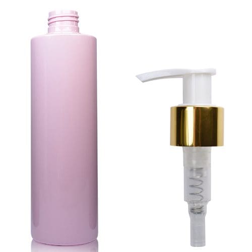 250ml Pink Plastic Bottle w white gold pump