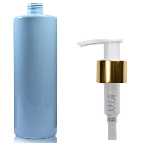 500ml Blue Plastic Bottle with white gold pump