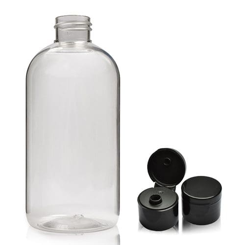 250ml Clear PET Boston Bottle & Flip Top Cap