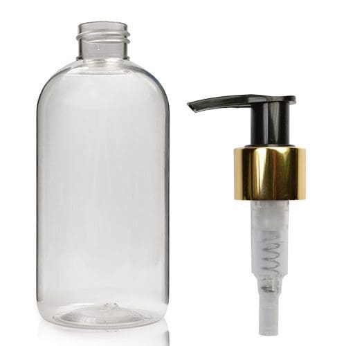 250ml Clear PET Boston Bottle With Gold Pump