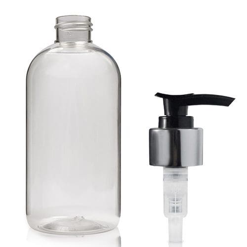 250ml Clear PET Boston Bottle With Lotion Pump