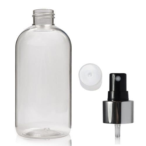 250ml Clear PET Boston Bottle With Silver Atomiser Spray