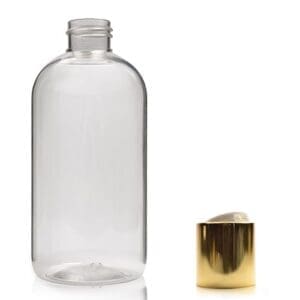 250ml Clear PET Boston Bottle With Gold Disc Top Cap