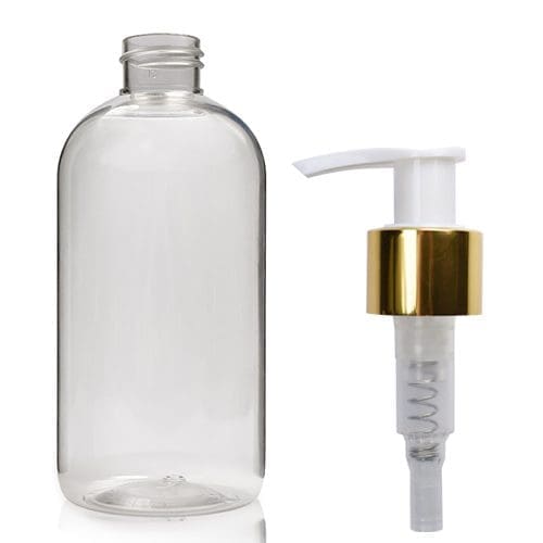 250ml Clear PET Boston Bottle With Gold Pump