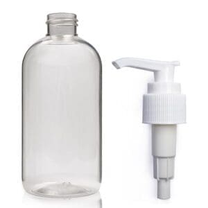 250ml Clear PET Boston Bottle With White Lotion Pump