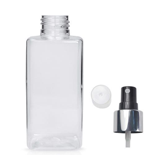 150ml Short Clear PET Square Bottle with black silver spray