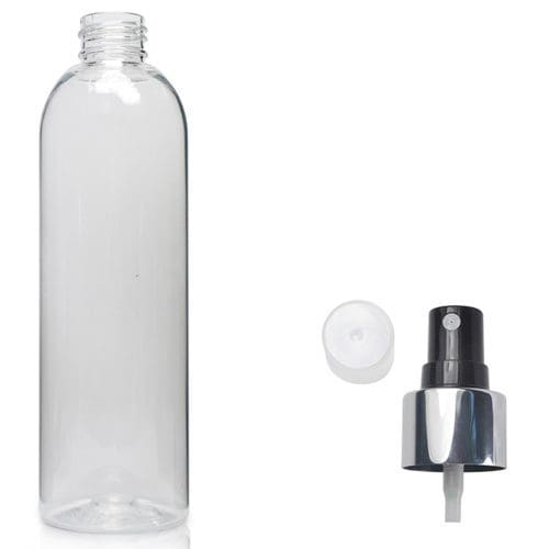 300ml Tall Clear PET Boston Bottle & Silver Atomiser Spray